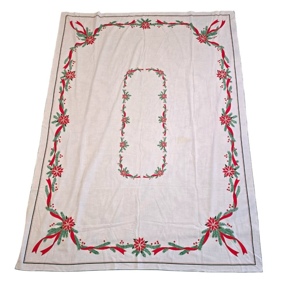 Vintage Christmas Tablecloth Poinsettia Ribbon Holly Kmart 61x82 Holiday Decor